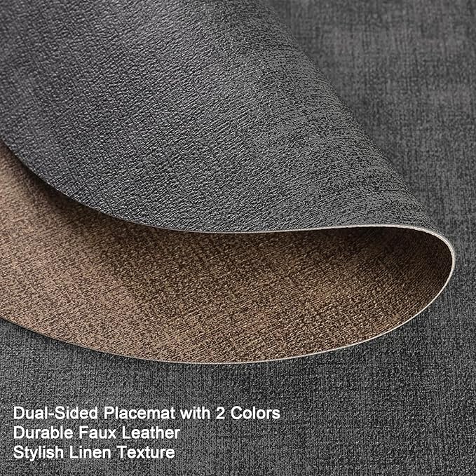 Placemats and Coasters, Washable Reversible Placemats Round Faux Leather Wipeable Place Mats Non Slip Heat Resistant Indoor Outdoor Table Mats (Set of 6, Gray Brown)