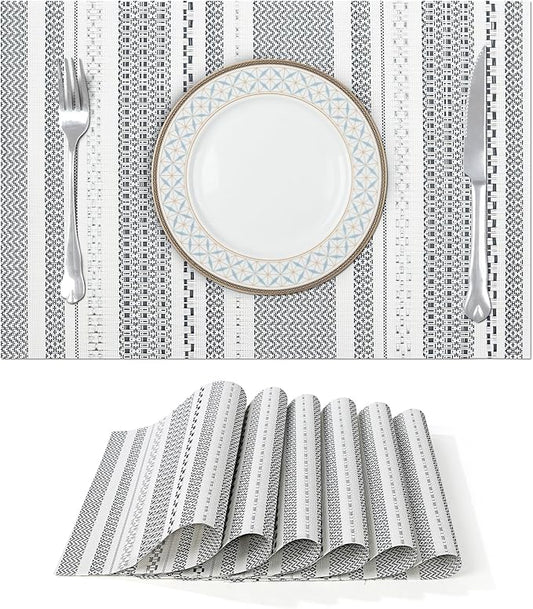 fanquare Sliver Striped Placemats 6 Pack Nordic Style Washable Place Mats Vinyl Woven Heat-Resistant Kitchen Table Mats Indoor & Outdoor Use Table Mat