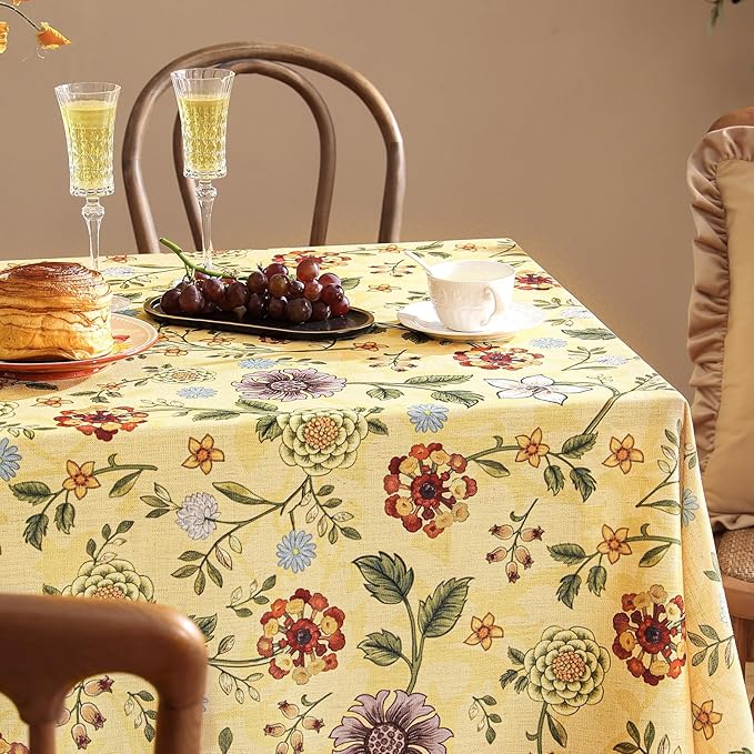 Vintage Linen Tablecloth for Rectangle Table,Yellow Floral French Wrinkle Free Tablecloths,Decorative Table Cover for Kitchen,Dining,Thanksgiving,Party,Farmhouse,63" × 87"-Bellano
