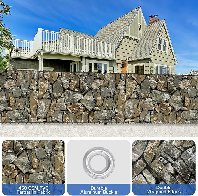 UPGRADE 3'x7'Customized PVC Privacy Fence Screen with Stone Wall Print – Outdoor Waterproof Patio Privacy Cover for Yard, Balcony, Garden Fence Decoration