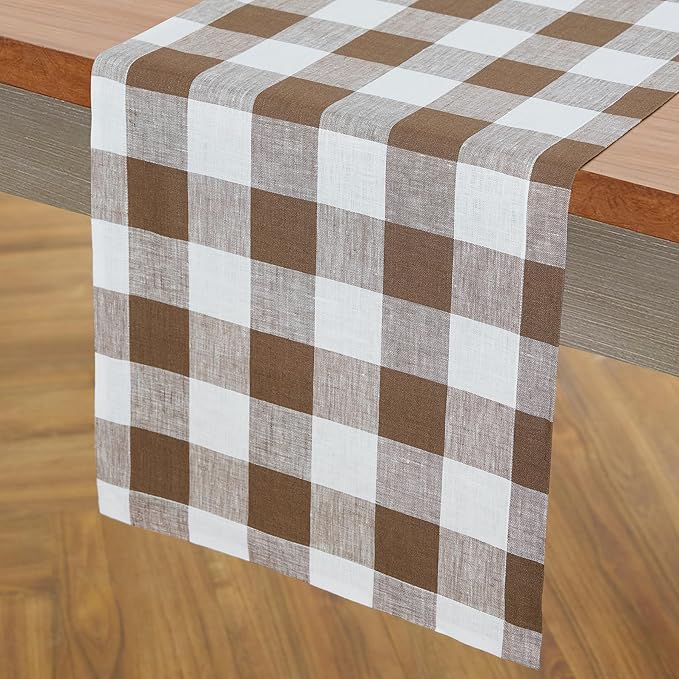Solino Home Checkered Table Runners 72 Inches Long - 100% Pure Linen Coco Brown and White Buffalo Check Table Runner 14 x 72 Inch Ideal for Dresser, Dining