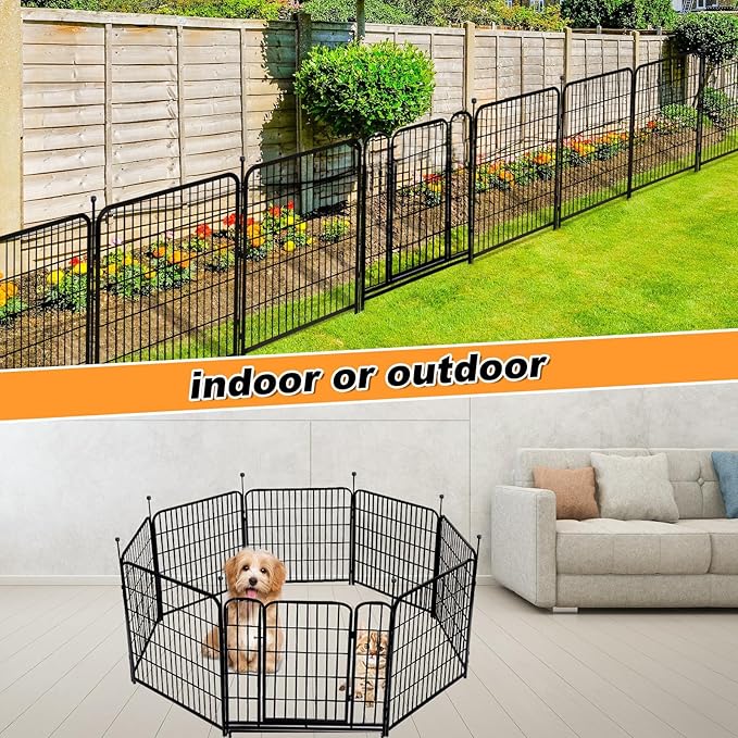 Garden Fence with Gate 48 in(H)×27 in(L) 4 Panels, Heavy Duty Iron Animal Barrier Fence, Rabbit Fence for Garden, Suitable for Indoor Pet Or Outdoor Dog Fencing, Total 8.9 Ft(L), Black