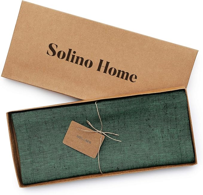 Solino Home Linen Table Runner 120 Inches Long - Athena, 100% Pure Linen Forest Green 14 x 120 Inch Table Runner for Dining, Winter, Easter, St Patricks Day