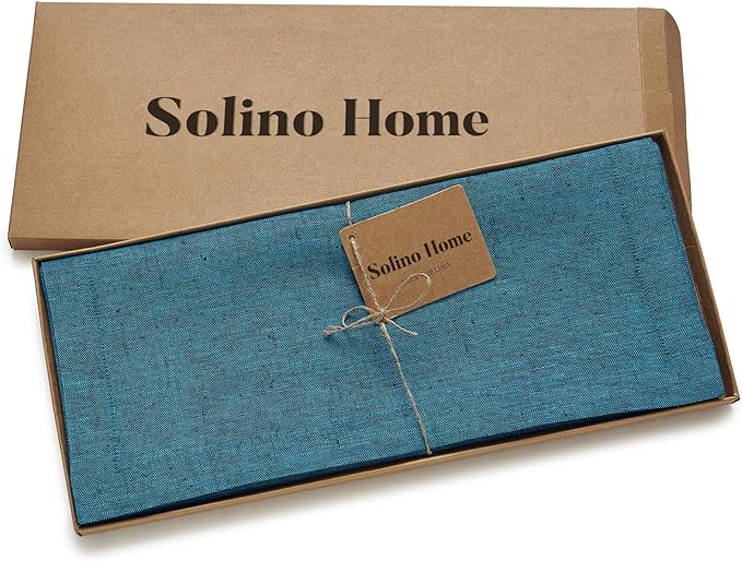 Solino Home Linen Small Table Runner 60 Inches - Athena, 100% Pure Linen Chambray Teal Table Runner 14 x 60 Inch Ideal for Dresser and Coffee Tables, Spring, Easter, St Patricks Day