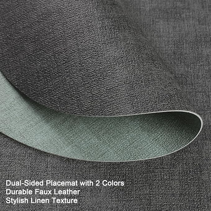 Placemats and Coasters, Washable Reversible Placemats Round Faux Leather Wipeable Place Mats Non Slip Heat Resistant Indoor Outdoor Table Mats (Set of 6, Gray Sage Green)
