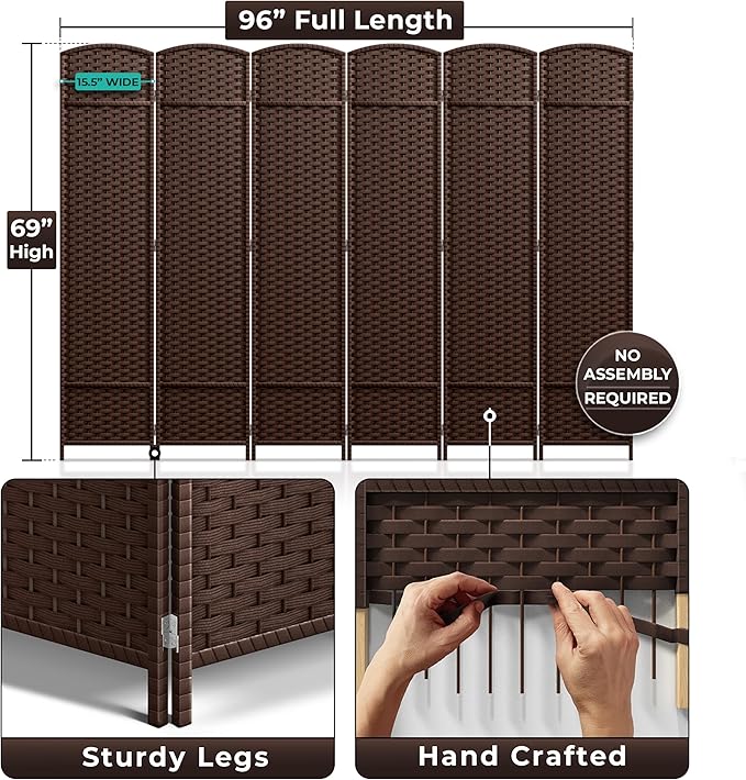 Sorbus 6 Panel Room Divider 6 ft. Tall - Privacy Screen, Extra Wide Double Hinged Panels, Mesh Hand-Woven Design, Partition Room Dividers and Folding Privacy Screens, Wall Divider for Room Separation