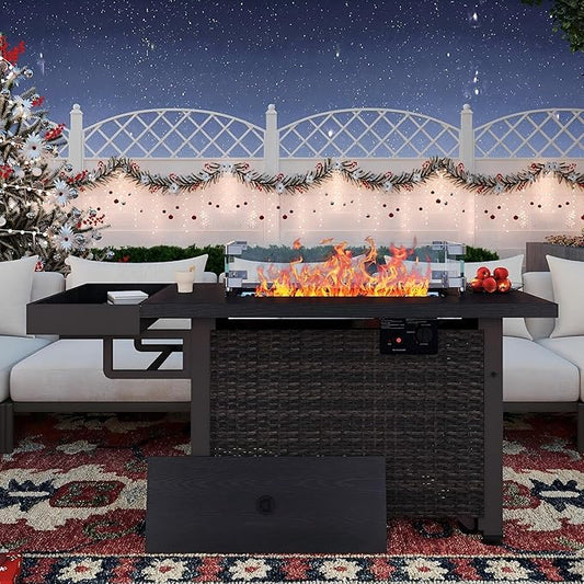 Sundale Outdoor 52 Inch Outdoor Fire Pit Table, 50,000 BTU Propane Fire Pits with Storage Shelf, Glass Wind Guard and Lid, Wicker Patio Gas Fire Pit for Outside Patio and Garden, CSA-Listed(Brown)