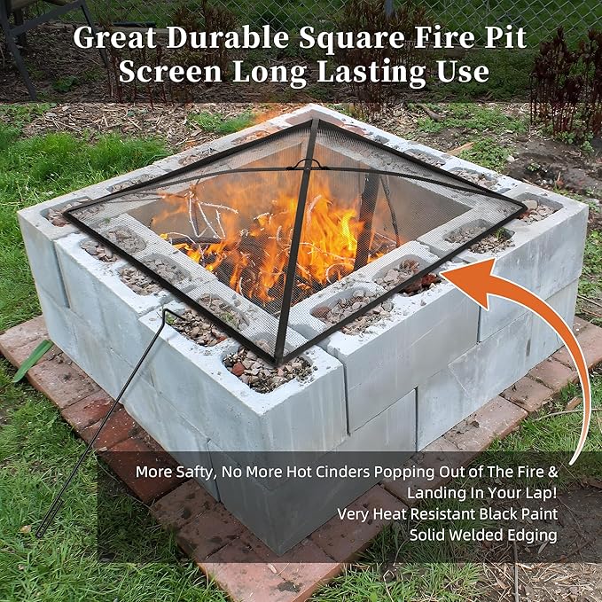 WeCooper Heavy Duty Fire Pit Spark Screen Cover,36in Steel Mesh Square Fire Pit Screen, FirePit Ember Guard with FirePit Poker