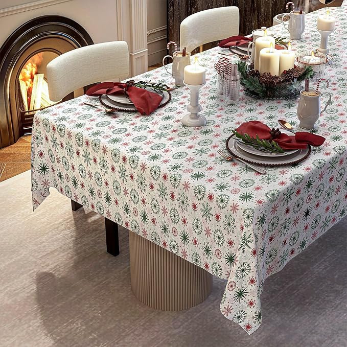 Christmas Tablecloth with Snowflake, Spillproof Waterproof Fabric Table Cloth for Dining, Parties, Holiday, Winter Table Decorations - 60''x84''