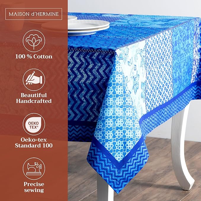 Maison d' Hermine Table Cloth Rectangle Table 100% Cotton 60 x 90 Inches Tablecloth Reusable Decorative for Dining Room, Farmhouse, Home, Party, Festive & Wedding Spring Summer - Indigo Love