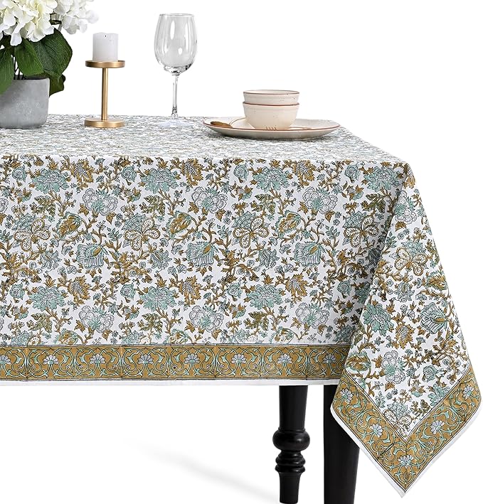 CPC Tablecloth 100% Cotton 60x60 Inch Indian Block Print Square Table Cover, Table Cloth for Weddings, Spring/Summer, Barbeque - Harvest Bloom