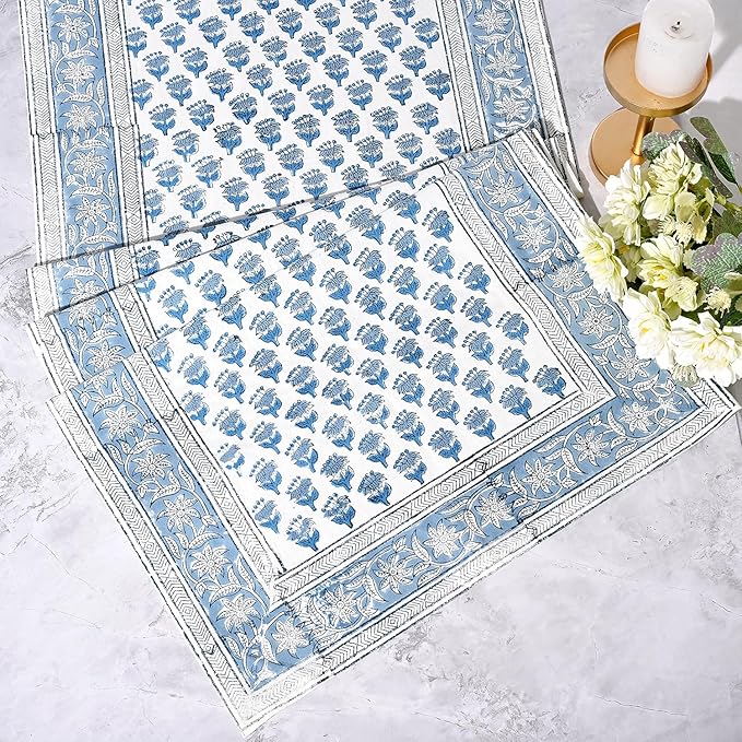CPC Cotton Table Runner 16x60 Inch Block Printed Long Fall Table Runner for Dining Table, Card Table, Coffee Table, Wedding, Farmhouse & Outdoor Barbeque-Apatite Blue