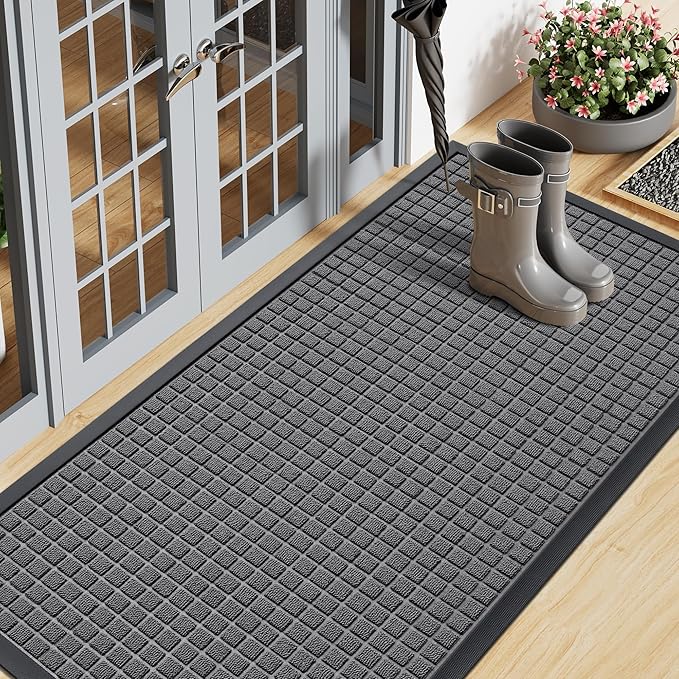 Smiry Front Door Mat Outside Entrance, Heavy Duty Natural Rubber Doormat, Non Slip, Trap Dirt and Moisture, Easy Clean, Low Profile Welcome Floor Mats for Indoor Outdoor Entry, 47x23 Inch, Grey