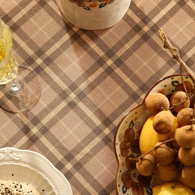 Vintage Brown Checkered Long Rectangle Tablecloth,Italian Floral Linen Wrinkle Resistant Table Cloth,Decor Table Cover for Kitchen,Dining,Thanksgiving,Christmas,63"*102"-Seville