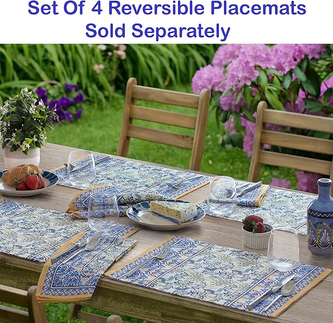Home Bargains Plus Rectangle Fabric Tablecloth, 60 x 102 Inch, Allure Yellow and Blue Floral Bordered Print, Indoor Outdoor Stain and Water Resistant Table Cloth, Provence French Country