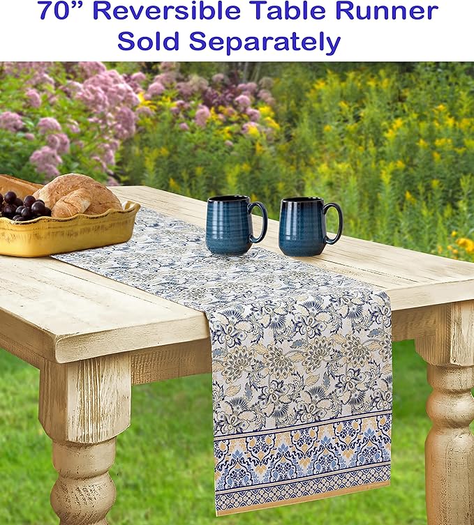 Home Bargains Plus Rectangle Fabric Tablecloth, 60 x 102 Inch, Allure Yellow and Blue Floral Bordered Print, Indoor Outdoor Stain and Water Resistant Table Cloth, Provence French Country