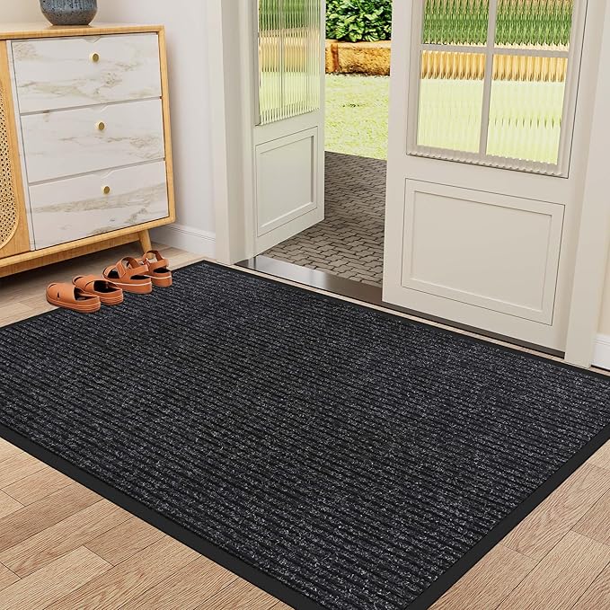 Indoor Outdoor Door Mat, 5’ x 4' Doormat for Entryway, Rubber Backing Non Slip Front Door Mat Outside Entrance, Super Absorbent Commercial Floor Mat for Home Office Black
