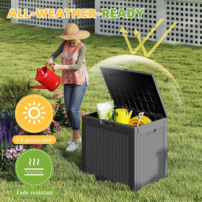 30 Gallon Waterproof Resin Deck Box, UV Resistant Outdoor Storage for Garden, Patio, Porch, Delivery（Black，31 Gallon）