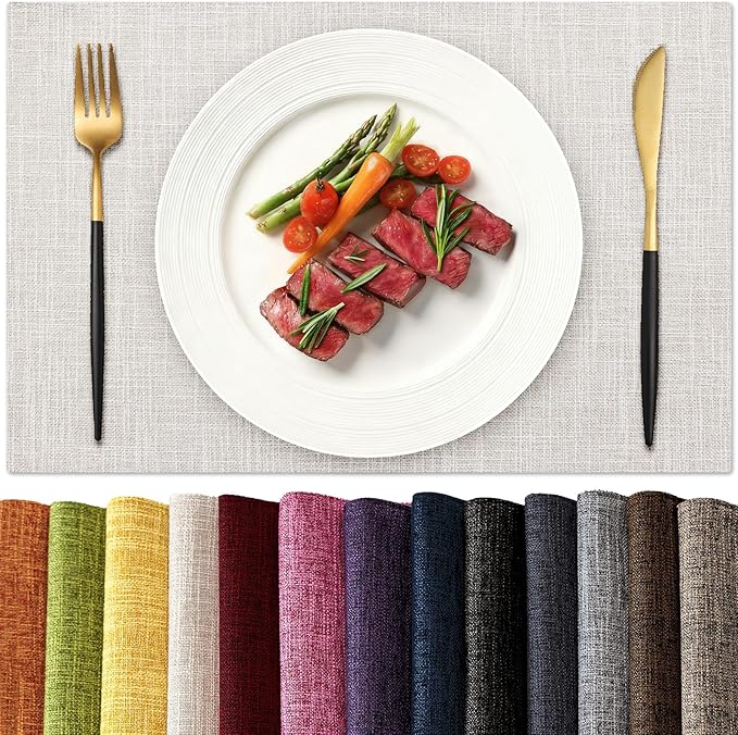 KXN Placemats Set of 6, Dual-Layer Thickened Faux Linen Table Mats, Heat Resistant & Wrinkle-Free, Machine Washable Cloth Place Mats for Kitchen Dining Indoor Outdoor (Cream)