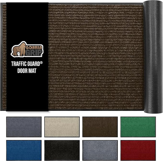 GORILLA GRIP Waterproof Traffic Guard Door Mat, 47x35, Heavy Duty Entryway Mats, Strong Rubber Back Commercial Utility Rugs for Office Hallway, Garage Floor and Home, Low Profile Carpet Runner, Brown