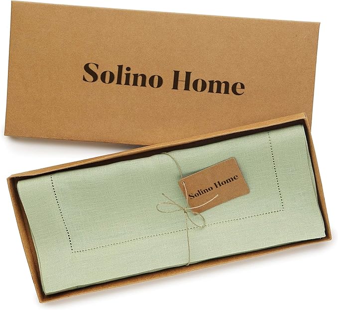 Solino Home Linen Table Runner 36 Inches - 100% Pure Linen Sage Green Table Runner 14 x 36 Inch Ideal for Dresser and Coffee Tables - Winter, Spring, Easter, St Patricks Day - Classic Hemstitch