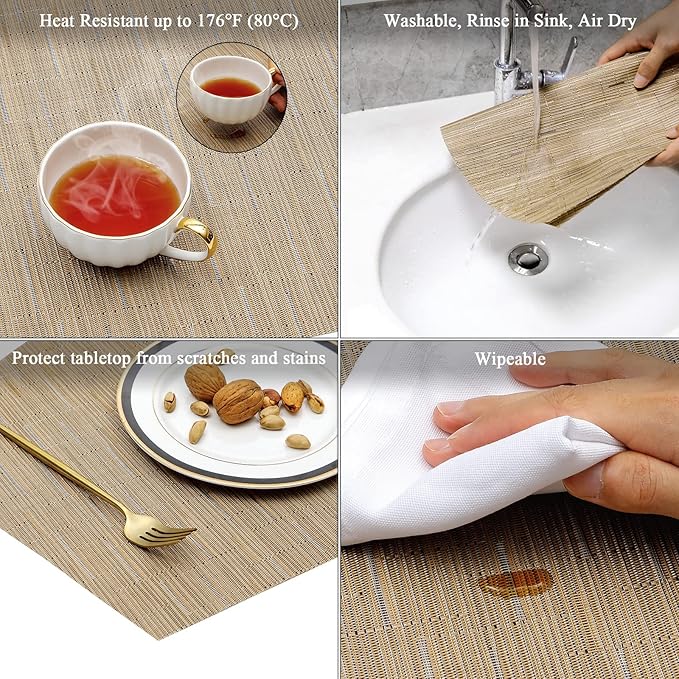 SHACOS Large Size Wedge Placemats with Centerpiece Mat Set of 5, PVC Woven Vinyl Placemats for Round Table Washable Indoor Outdoor Table Mats Reversible Durable, Tan