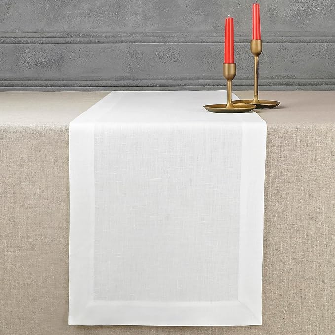 D'Moksha Homes Linen White Table Runner 84 Inches Long - 100% Pure Linen 14 x 84 Inch Table Runner for Dining, Valentines, Holiday - Machine Washable