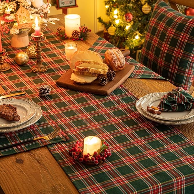 Green Red Plaid Christmas Table Runner, Winter Holiday Table Runners 48 inches Long, Xmas Decorations Indoor Outdoor Farmhouse Home Kitchen Dining Party Decor