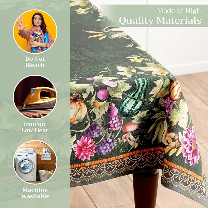 Maison d' Hermine Table Cloth Rectangle Table 100% Cotton 70 x 90 Inches Fall Tablecloth Reusable Everyday Use for Thanksgiving Christmas Decorations Dining Farmhouse (Pumpkin Garden - Dark Green)