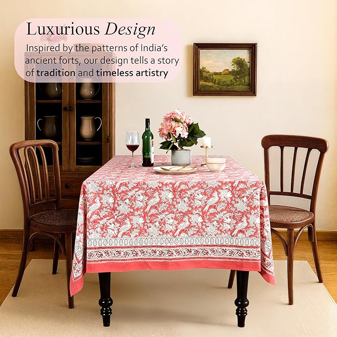 CPC Tablecloth 100% Cotton 72x160 Inch Indian Block Print Rectangle Table Cover, Pink Table Cloth for Weddings, Spring/Summer, Barbeque - Pink Coral