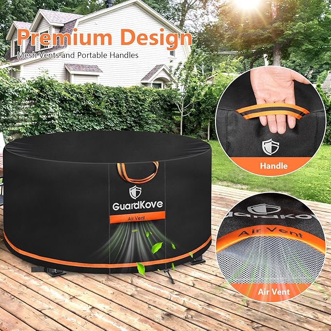 [Upgraded 1000D Heavy Duty Fabric] 56” Fire Pit Cover Round for 54”- 56” Fire Pit/Tables, Waterproof Tear & Fade Resistant Firepit Cover with Buckle, Handle, Drawstring, Air Vent (56”D x 24”H,Black)