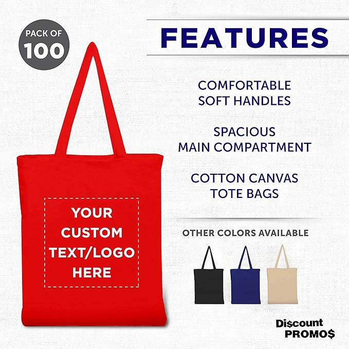 DISCOUNT PROMOS Custom Cotton Canvas Tote Bags Set of 100, Personalized Bulk Pack - Reusable, Great for Shopping, Grocery, Beach, Picnic, Wedding Favors - Red