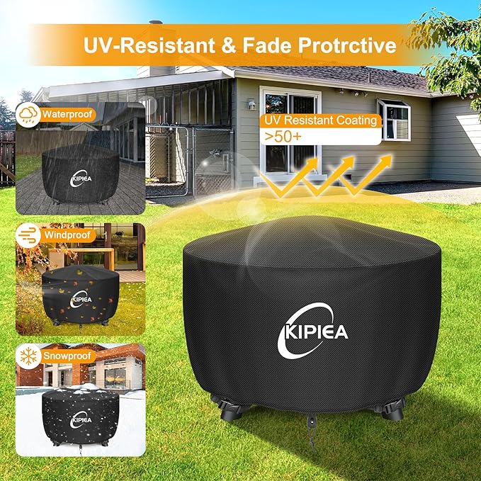 Kipiea Round Fire Pit Cover - Upgraded 600D Strong Tear and UV Resistant, 100% Waterproof Outdoor Firepit Cover Fits 33"-36" Patio Fire Pit (36" Dia X 20" H）