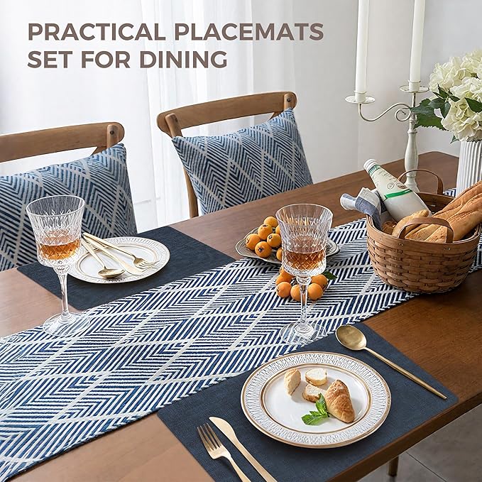 Vinyl Placemats Set of 8, Faux Leather Waterproof and Heat Resistant Place Mats, Washable Anti-Slip Table Mats with Coaster, Wipeable Placemats for Indoor & Outdoor 17" x 12" (Navy Blue, Set of 8)