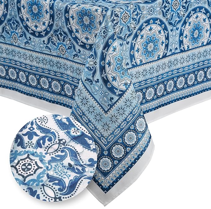 Elrene Home Fashions Vietri Medallion Blue Coastal Block Print Stain & Water Resistant Indoor/Outdoor Fabric Rectangle Tablecloth, 52"x70"