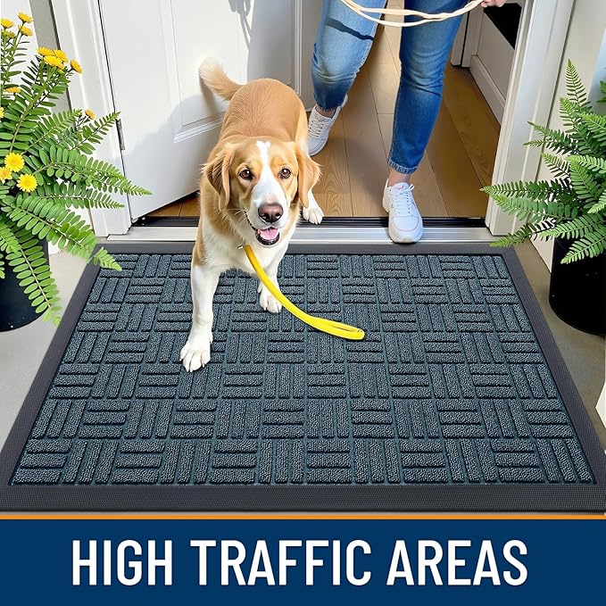 OLANLY Front Door Mat Outside Entrance 71x23, Absorbent, Heavy Duty Sturdy Natural Rubber Doormat Indoor Outdoor, Non-Slip, Stain and Fade Resistant, Low Profile Floor Mat for Entryway, Lake Blue