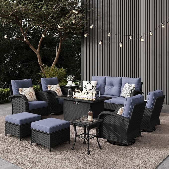LayinSun 10 Pieces Outdoor Patio Furniture Set with Fire Pit Table, Rattan Wicker Sectional Swivel Rocker Chairs Sets