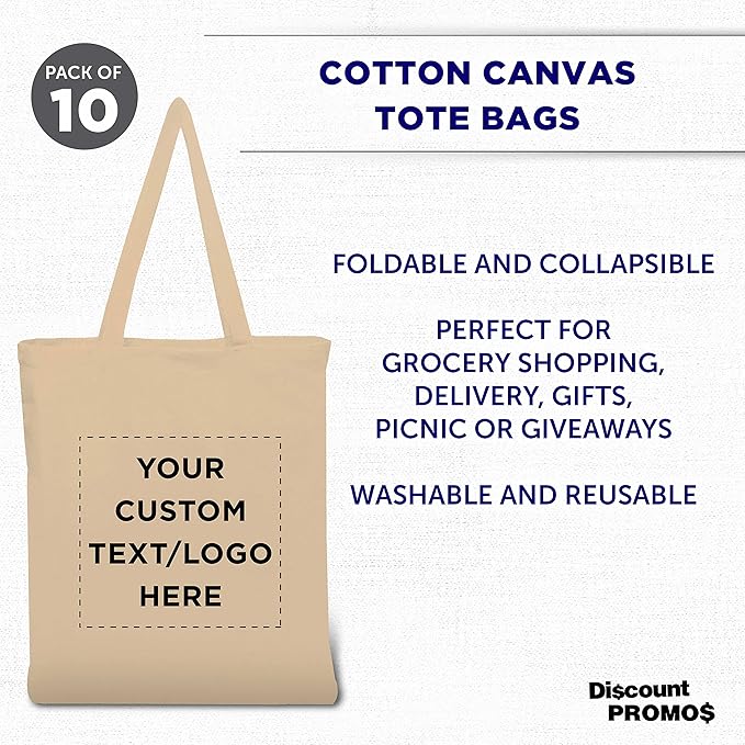 DISCOUNT PROMOS Custom Cotton Canvas Tote Bags Set of 10, Personalized Bulk Pack - Reusable, Great for Shopping, Grocery, Beach, Picnic, Wedding Favors - Natural