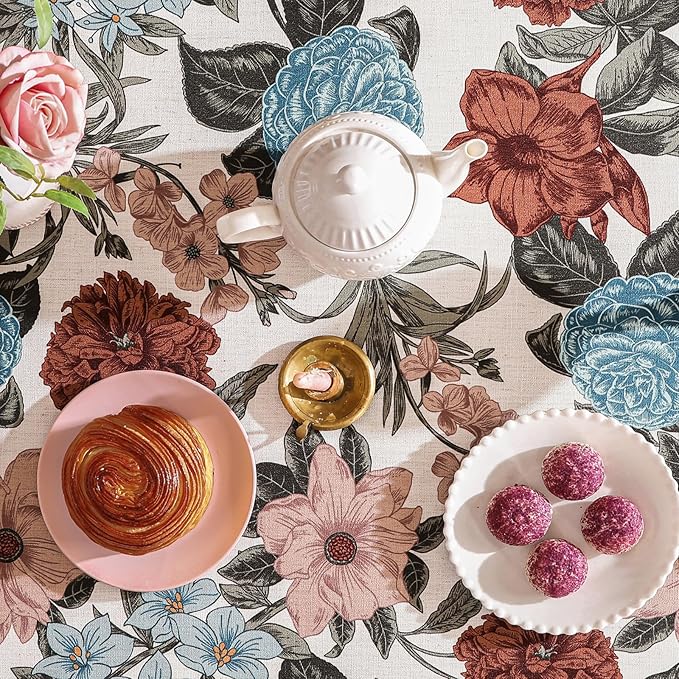 French Linen Tablecloth for Rectangle Table,Red and Blue Floral Durable Extra Long Tablecloths,Decor Table Cover for Kitchen,Dining,Thanksgiving,Farmhouse,63" × 110"-Burgundyred