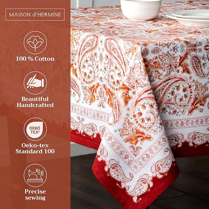 Maison d' Hermine Table Cloth Rectangle Table 100% Cotton 60 x 120 Inches Fall Tablecloth Reusable Everyday Use for Thanksgiving Christmas Decorations Dining Farmhouse Party (Orient)