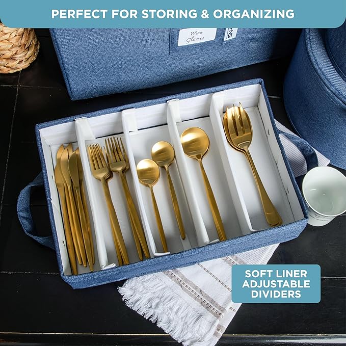 China Storage Hard Shell Containers 12-Piece Set Moving Boxes for Dinnerware, Glasses, Plates, Mugs and Saucers Sturdy Dish Organizer with Dividers for Seasonal Storage - Service for 12 - Denim Blue