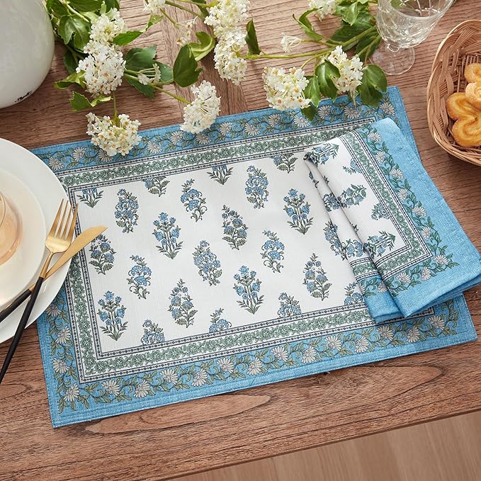 Elrene Home Fashions Tropez Paisley Block Print Coastal Stain & Water Resistant Indoor/Outdoor Cloth Dinner Napkins, Set of 4, 17"x17"
