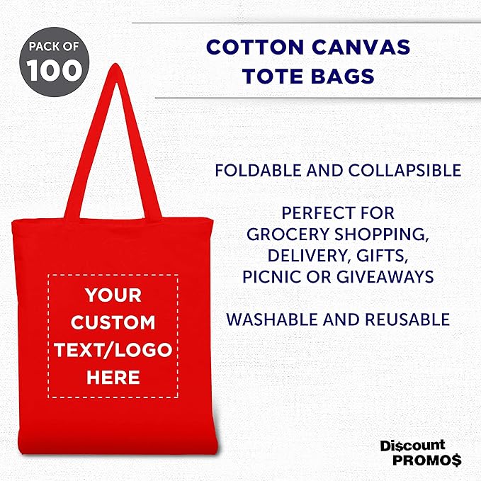 DISCOUNT PROMOS Custom Cotton Canvas Tote Bags Set of 100, Personalized Bulk Pack - Reusable, Great for Shopping, Grocery, Beach, Picnic, Wedding Favors - Red