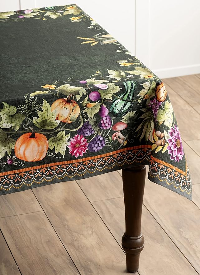 Maison d' Hermine Table Cloth Rectangle Table 100% Cotton 70 x 90 Inches Fall Tablecloth Reusable Everyday Use for Thanksgiving Christmas Decorations Dining Farmhouse (Pumpkin Garden - Dark Green)