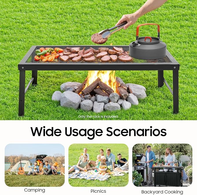 Folding Campfire Grill, 21.7in x 11.8in Portable Over Fire Camp Grill with Legs, Fire Pit Cooking Grate Barbecue Griddle Plate, Campfire Cooking Equipment for Outdoor Barbecue, Picnic, Camping