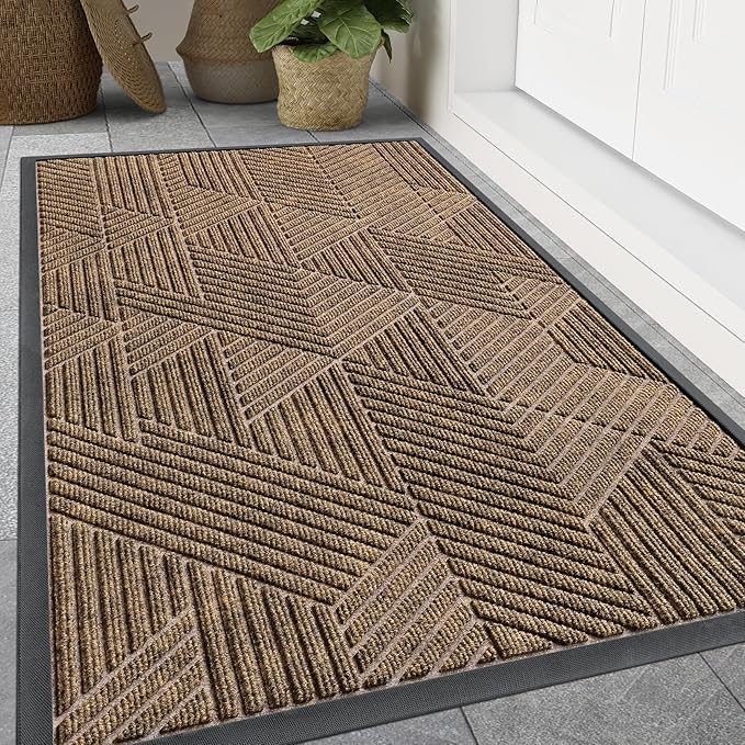 Smiry Front Door Mat Outside Entrance, Heavy Duty Sturdy Natural Rubber Doormat, Trap Dirt and Moisture, Easy Clean Low Profile Mats for Indoor Outdoor Entry, Irregular Triangle (71x34, Brown)
