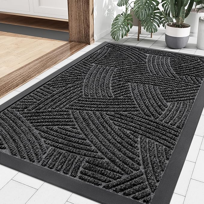 Smiry Front Door Mat Outside Entrance, Heavy Duty Sturdy Natural Rubber Doormat, Trap Dirt and Moisture, Easy Clean Low Profile Mats for Indoor Outdoor Entry, Interwoven Stripes (36x24, Black)