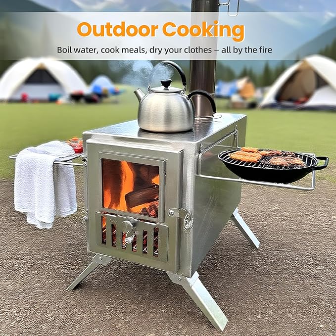 Wood Burning Stove,Portable Camping Stove with Chimney Pipes,Front Window，Side Racks,Mini Wood Stove for Outside Tent,Cookout,Truck Travel and inside Woodcutter's Cottage