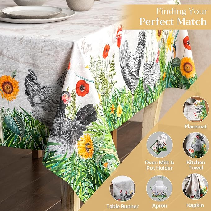 Maison d' Hermine Table Cloth Rectangle Table 100% Cotton 70 x 90 Inches Tablecloth Reusable Decorative for Dining Room, Farmhouse, Home, Party, Festive & Wedding Spring Summer - Basse Cour
