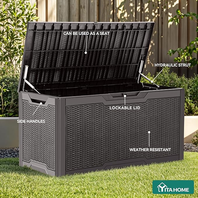 YITAHOME 100 Gallon Outdoor Storage Box, Large Water Resistant Resin Deck Box, Indoor Outdoor Lockable Storage Container for Patio, Garden, Cushions, Tools, Equipment (Dark Brown)